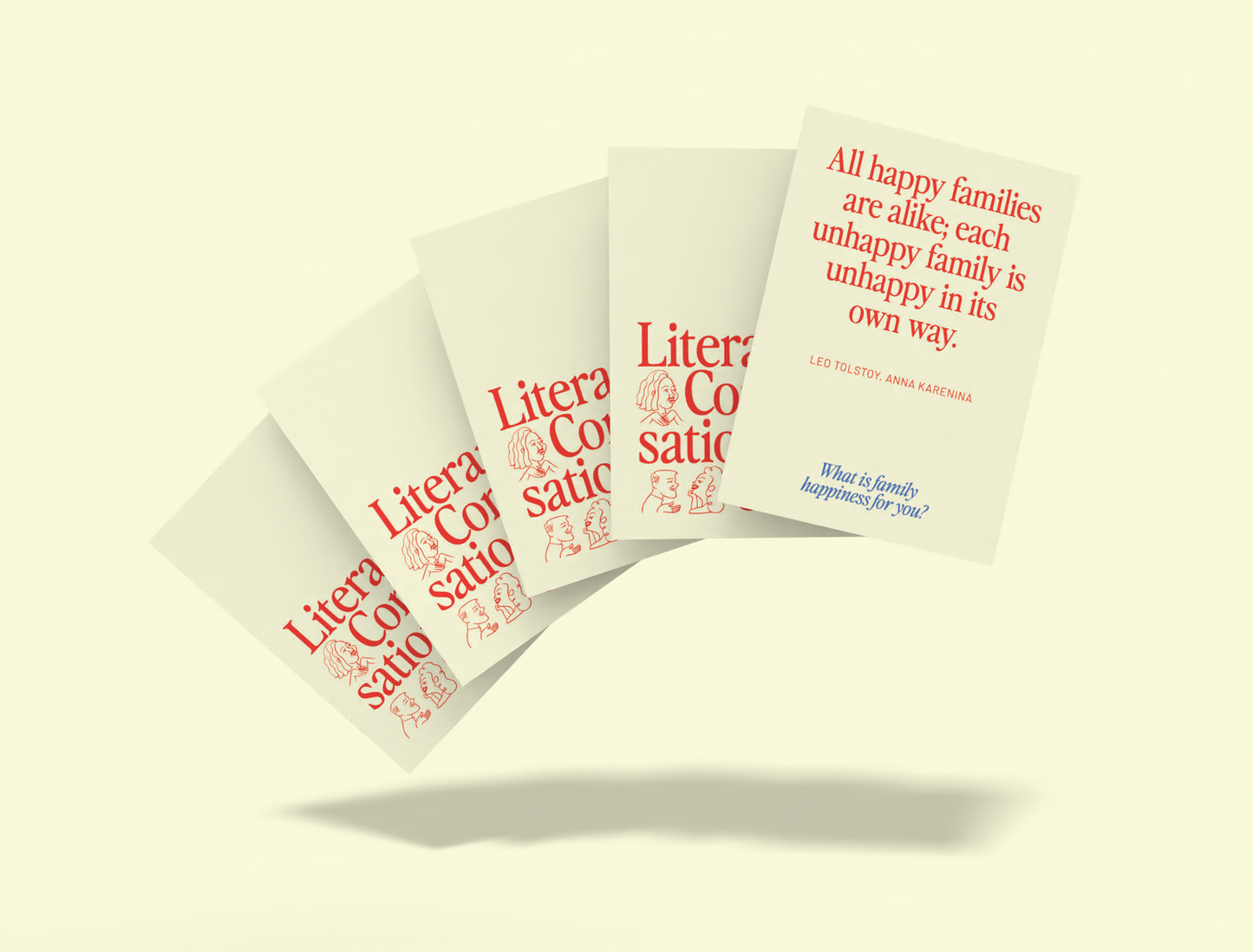 Sample conversation cards featuring literary quotes and questions for meaningful dialogue