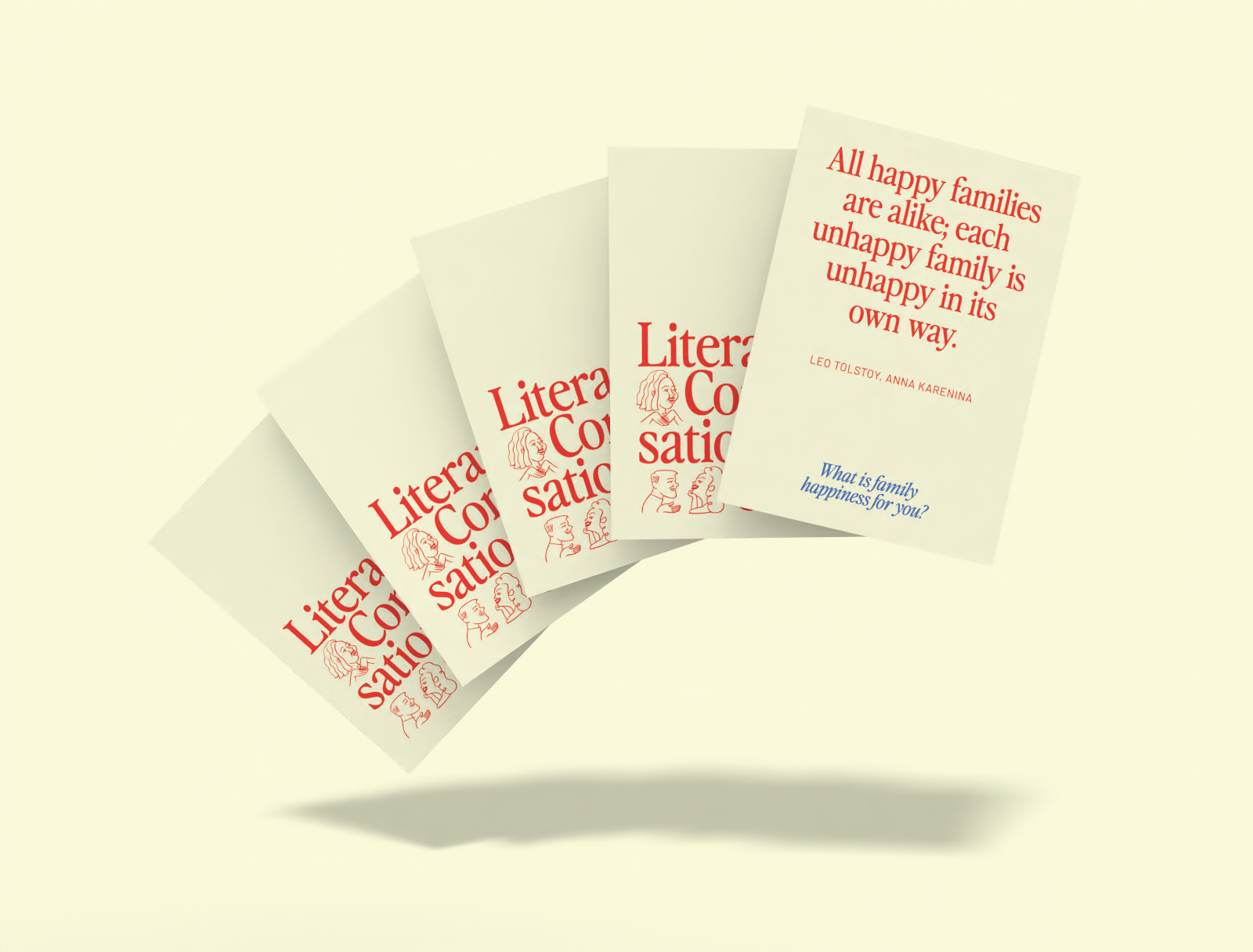 Sample conversation cards featuring literary quotes and questions for meaningful dialogue